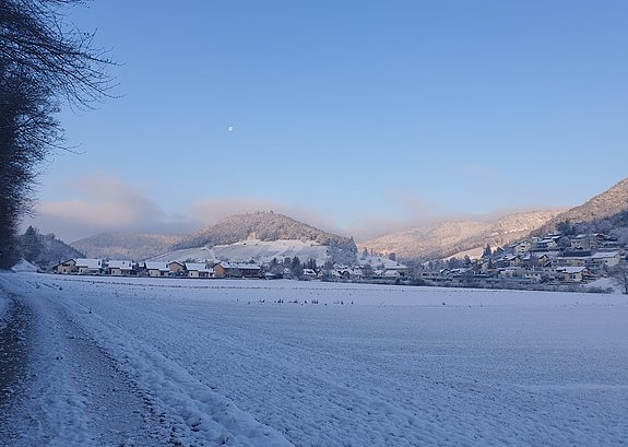 Dorfansicht vom Feld, verschneit