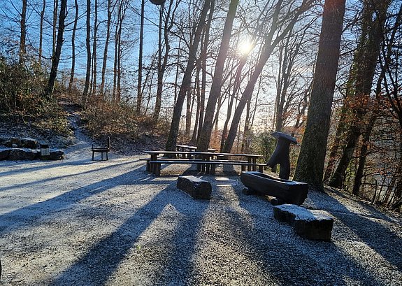 Waldhütte, Grillplatz leicht verschneit