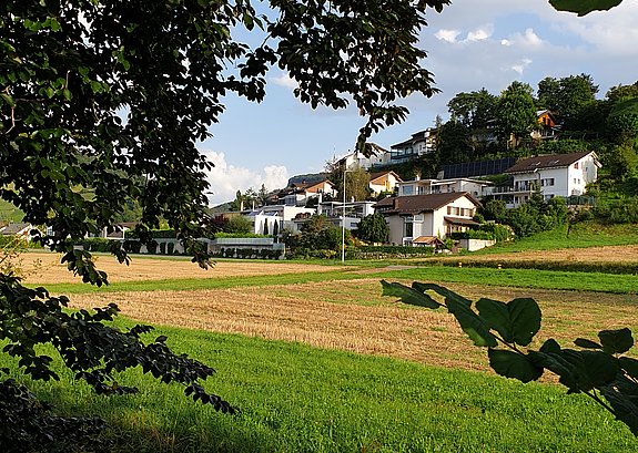 Dorfblick durch Bäume